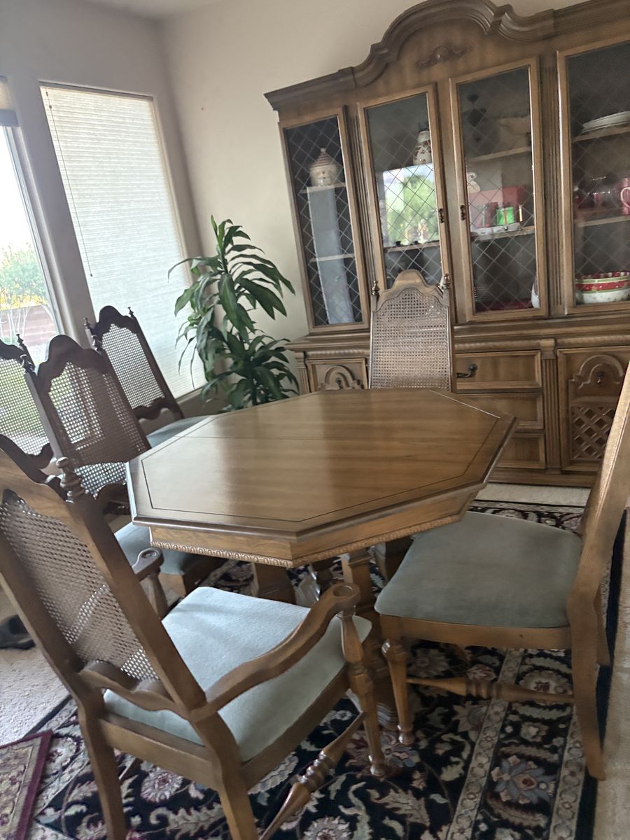 Vintage Wooden Dining Table with Cane Back Chairs and China Cabinet 