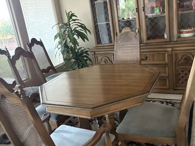 Vintage Wooden Dining Table with Cane Back Chairs and China Cabinet