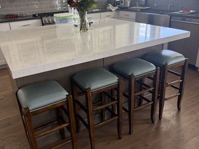 Pottery Barn- Set of 6 Wood Counter Height Bar Stools with Green/Blue Upholstered Seats and Nailhead Trim.
