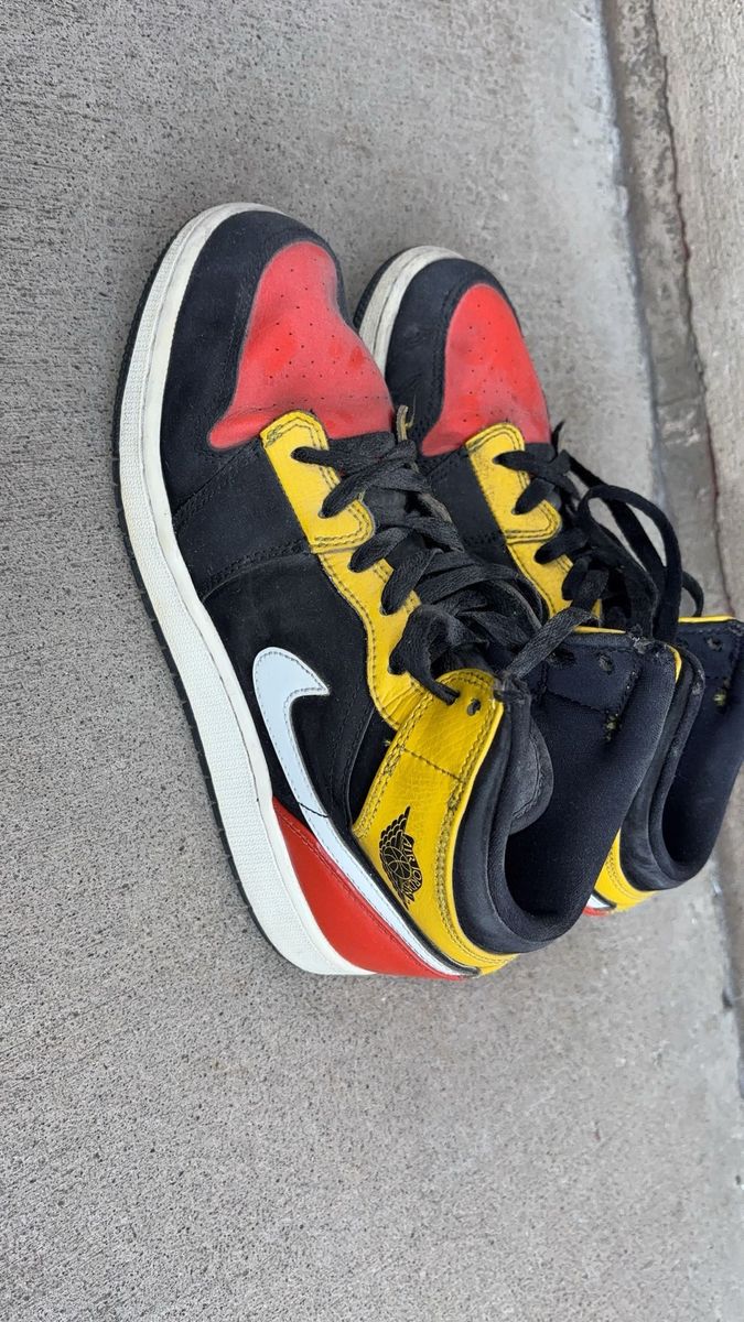 Nike Air Jordan 1 Mid 'Reverse Bred' Black/Red/Yellow Leather Sneakers - Men's Size 7Y