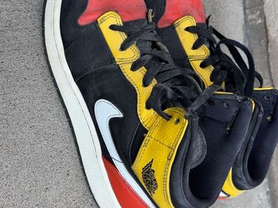 Nike Air Jordan 1 Mid 'Reverse Bred' Black/Red/Yellow Leather Sneakers - Men's Size 7Y