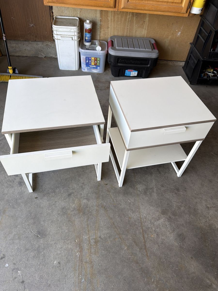 Pair of White Modern Nightstands with Drawers and Open Shelves