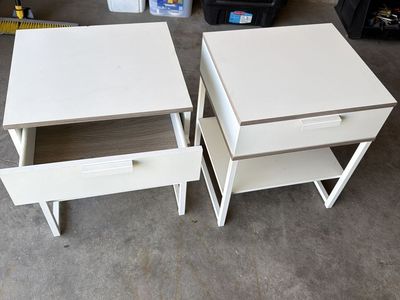 Pair of White Modern Nightstands with Drawers and Open Shelves