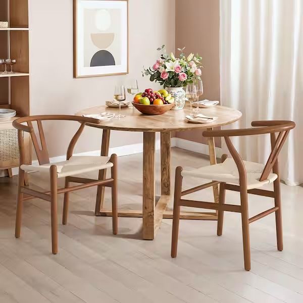 Wagner Brown Solid wood Wishbone Dining Chairs with Handcrafted Woven Seat Set of 2