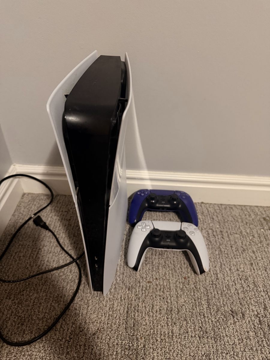 Sony PlayStation 5 Console with Two DualSense Controllers (White and Purple)