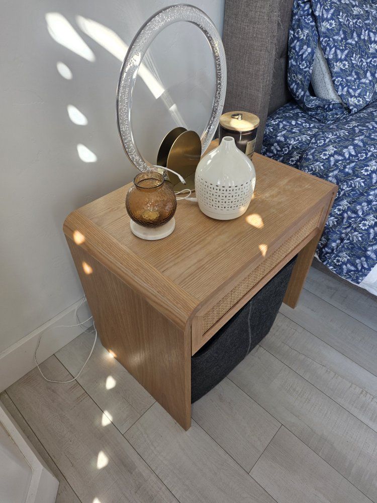 Natural Wood Nightstand with Rattan Drawer and Storage (pair)