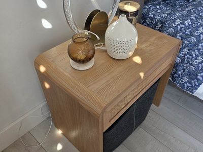 Natural Wood Nightstand with Rattan Drawer and Storage (pair)