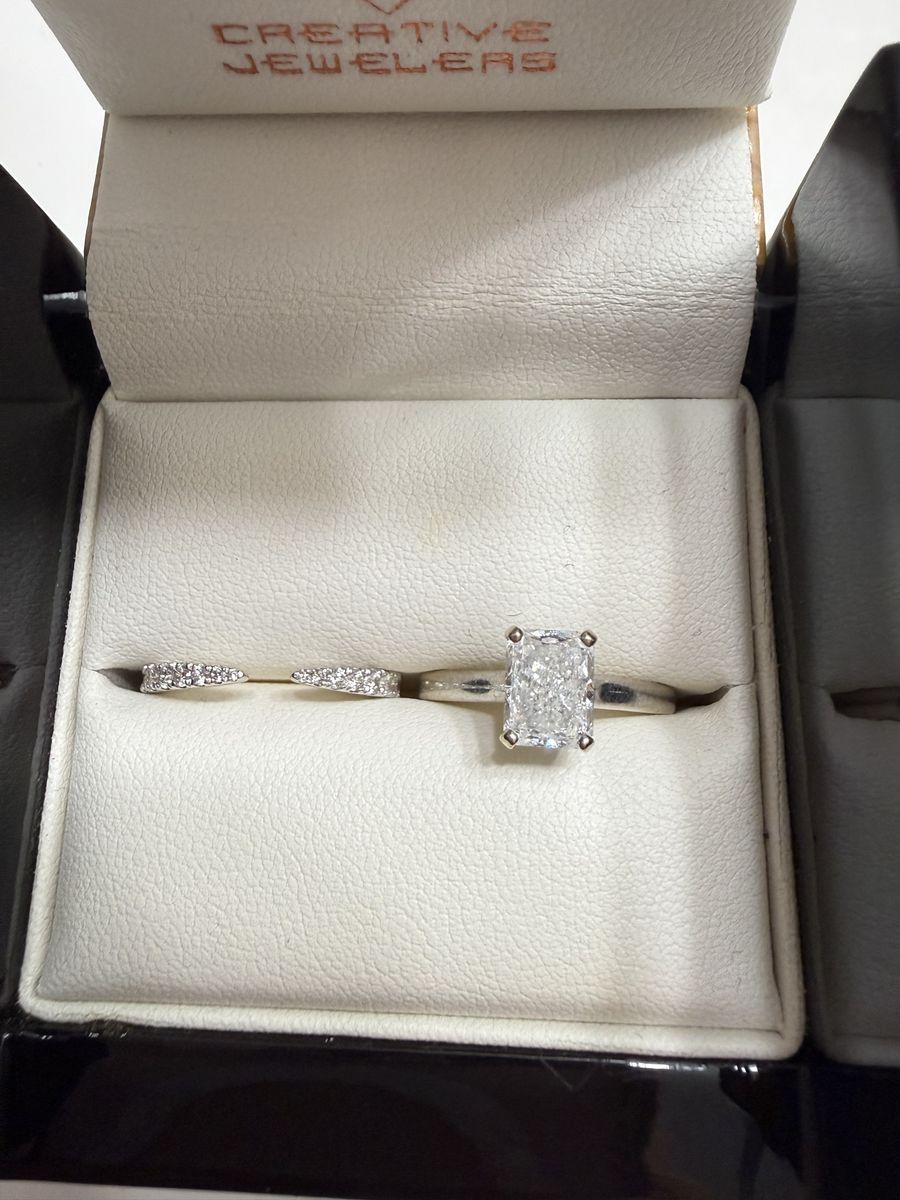 1.5 ct radiant cut lab grown diamond engagement ring and wedding band set