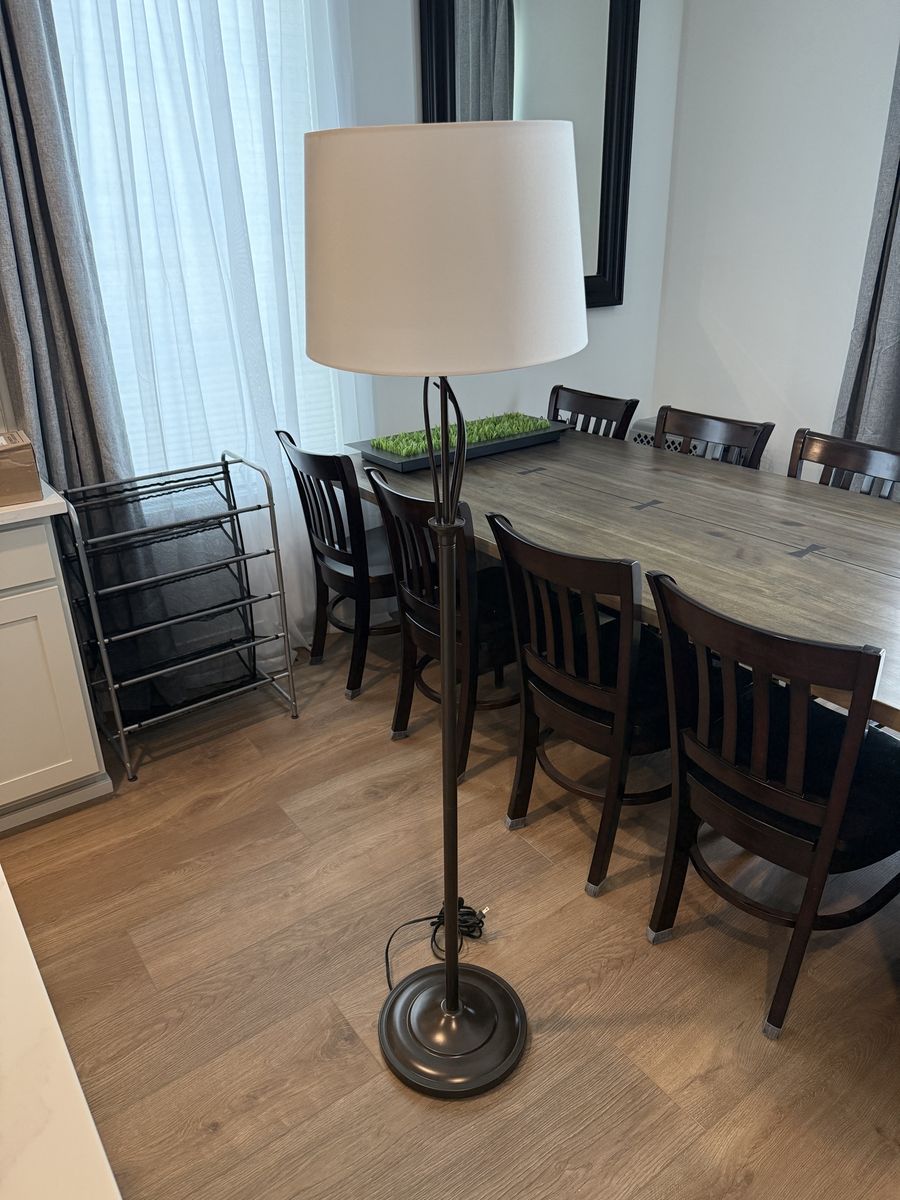 Bronze Metal Floor Lamp with White Drum Shade - Tall Standing Light