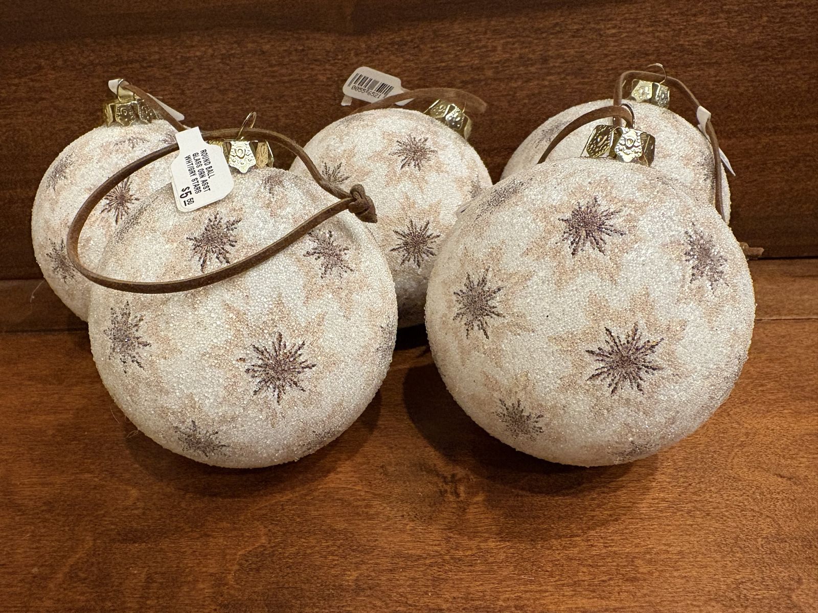 5 New White & Brown Glass Ornaments w/ Leather Hangers