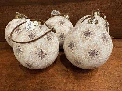 5 New White & Brown Glass Ornaments w/ Leather Hangers