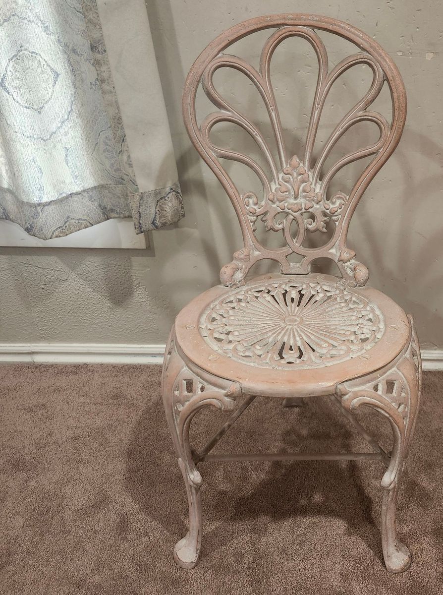Vintage Ornate Cast Iron Patio Chair Pink Distressed Finish