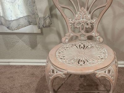 Vintage Ornate Cast Iron Patio Chair Pink Distressed Finish