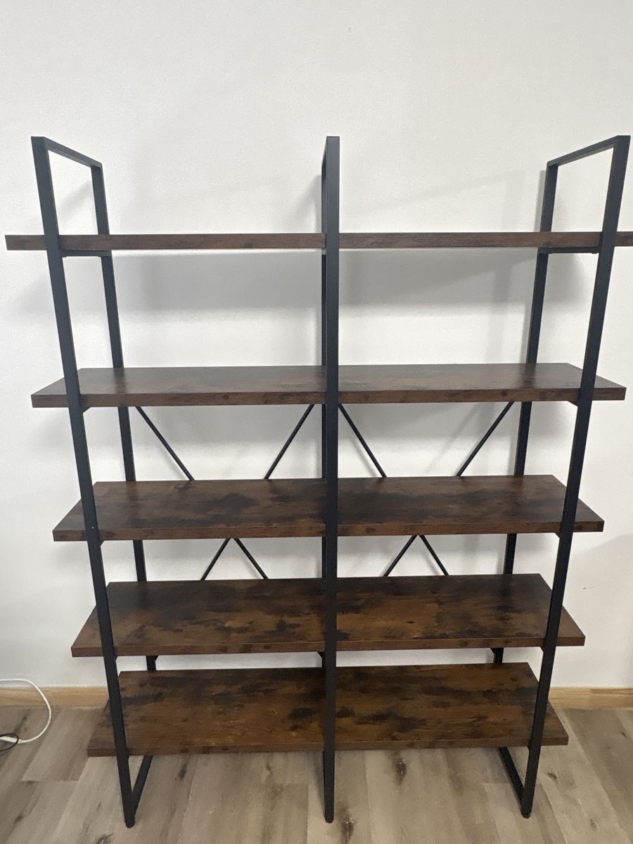 Industrial 5-Tier Bookshelf Etagere Bookcase with Metal Frame, Brown Wood Finish