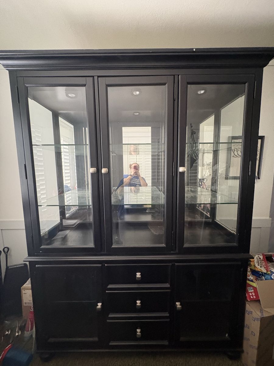 Black Display Cabinet with Glass Doors & Storage Drawers - Versatile Furniture Piece