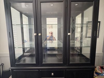 Black Display Cabinet with Glass Doors & Storage Drawers - Versatile Furniture Piece