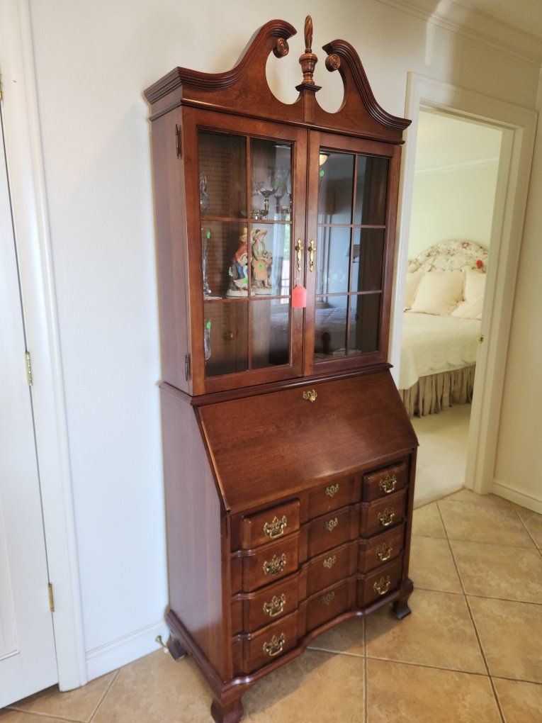 Vintage Cherry Secretary Desk with Glass Hutch - Traditional Wood Display Cabinet