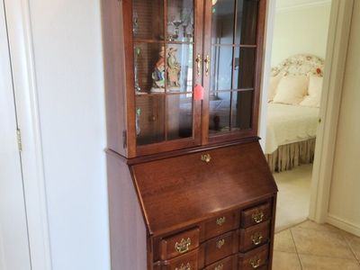 Vintage Cherry Secretary Desk with Glass Hutch - Traditional Wood Display Cabinet