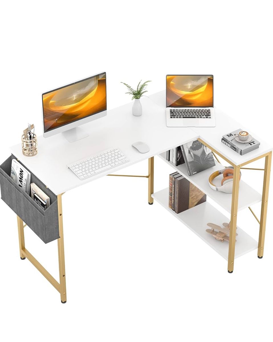 White and Gold L Shaped Desk