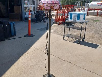 Vintage Tiffany Style Stained Glass Floor Lamp - Pink Floral Shade, Ornate Bronze Base