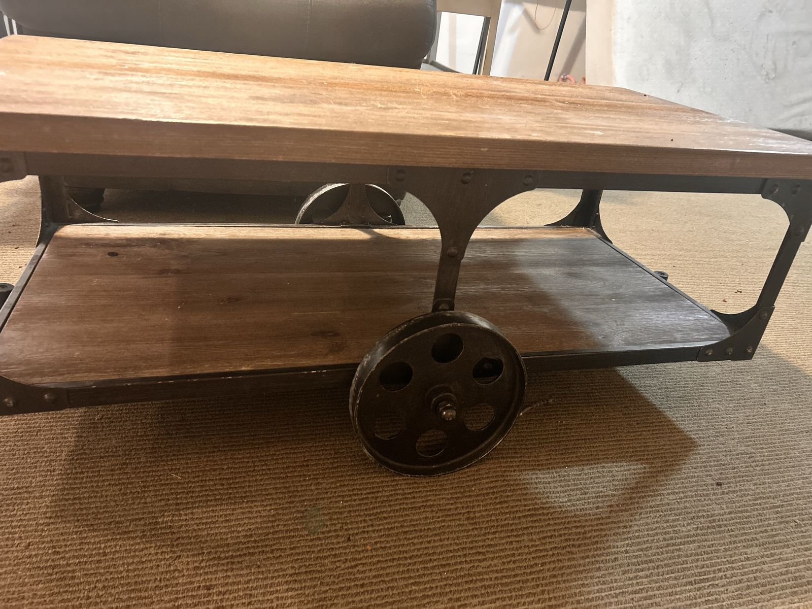 Industrial Style Wood and Metal Coffee Table with Wheels, Two-Tier Storage