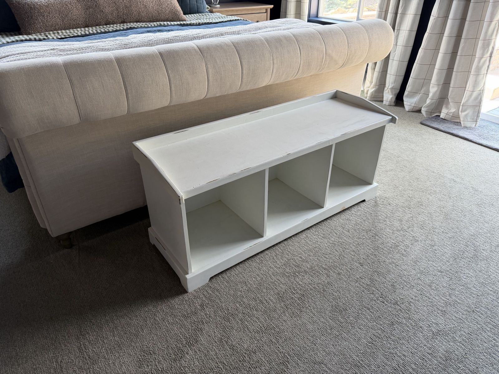 White Wooden Storage Bench with 3 Open Cubbies