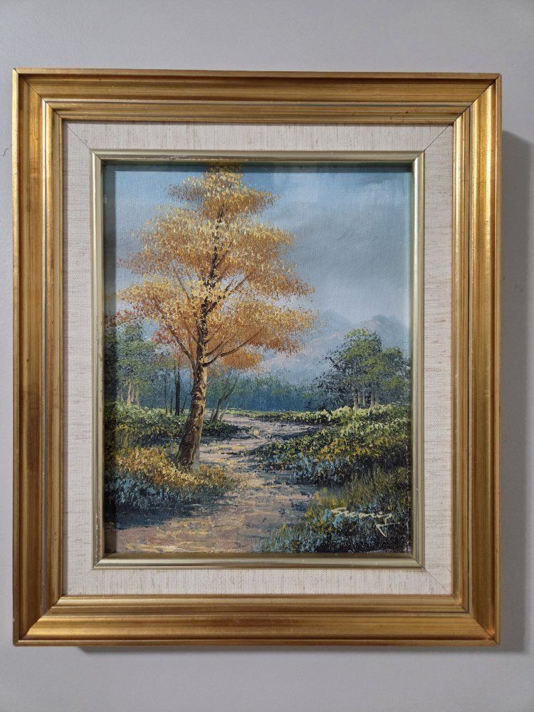 Framed Landscape Oil Painting Autumn Tree and Path Art