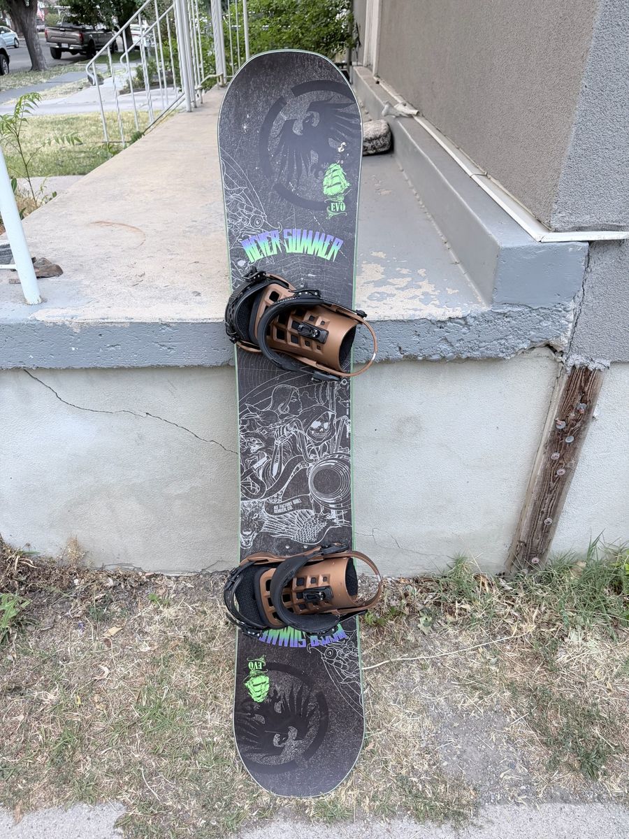 Never Summer Snowboard with Bindings - Black/Green