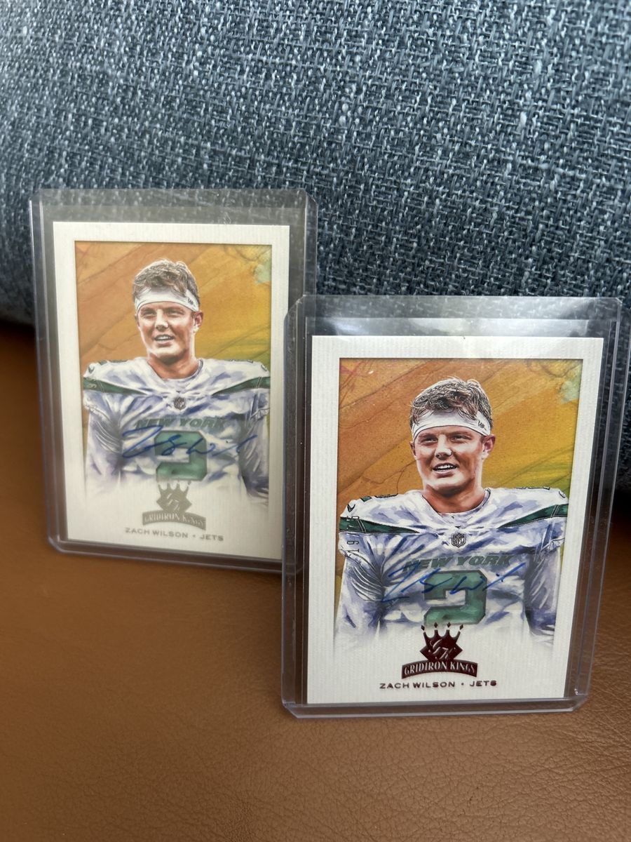 (2) 2021 RC Gridiron Kings Zach Wilson New York Jets Autographed Rookie Card Football Lot. Rare Red 19/75 & Rare Silver 95/99