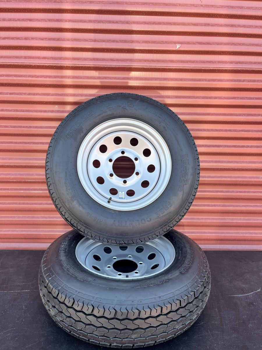 Set of 2 Free Country ST 225/75 D 15 Trailer Tires Mounted on New Silver Mod Wheels 6 on 5.5 Brand New