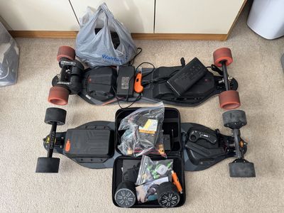 Meepo Voyager and NLS Electric Longboards Combo (extra belts, hub wheels, pneumatic wheels, battery, etc.)