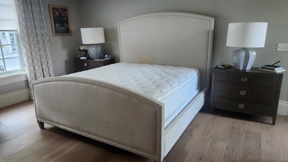 Full Size Upholstered Bed Frame with Curved Headboard & Footboard - Beige Linen