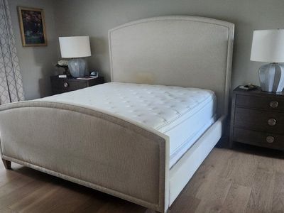 Full Size Upholstered Bed Frame with Curved Headboard & Footboard - Beige Linen