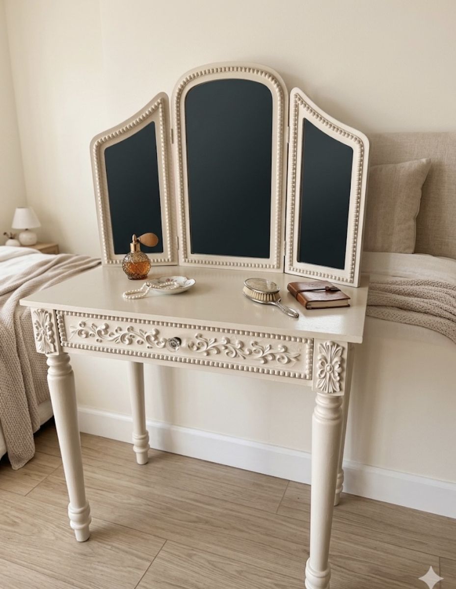 Elegant White Vanity Desk with Tri-Fold Mirror & Carved Details - Perfect for Bedroom or Dressing Room