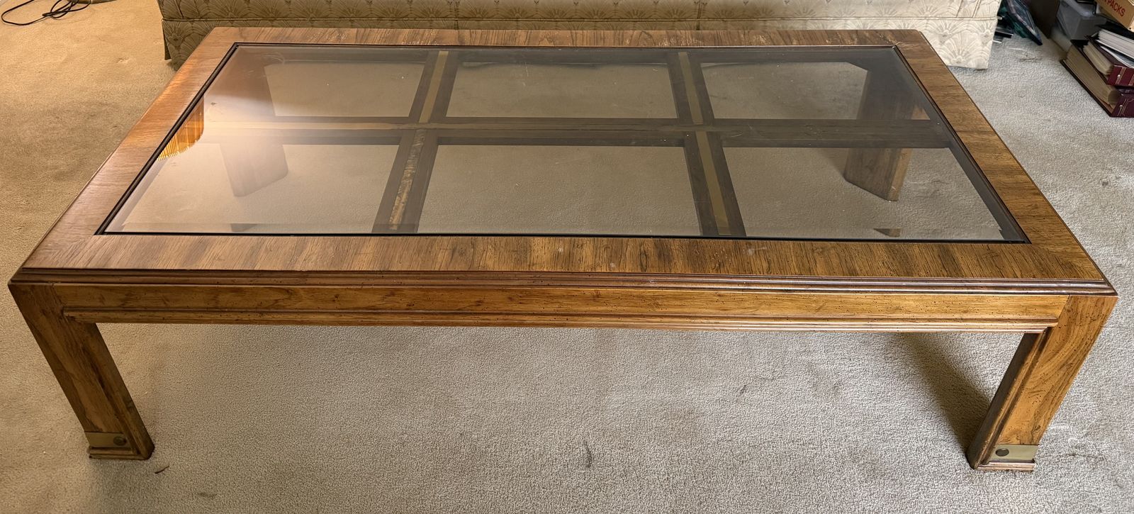 Vintage Drexel Heritage Mid-Century Modern Oak Coffee Table With Brass Inlay & Beveled Glass and Two End Tables