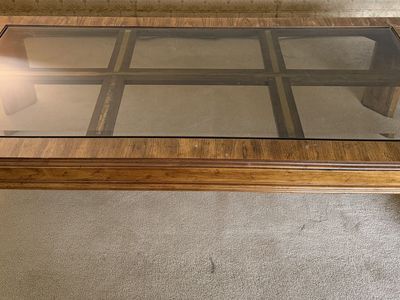 Vintage Drexel Heritage Mid-Century Modern Oak Coffee Table With Brass Inlay & Beveled Glass and Two End Tables