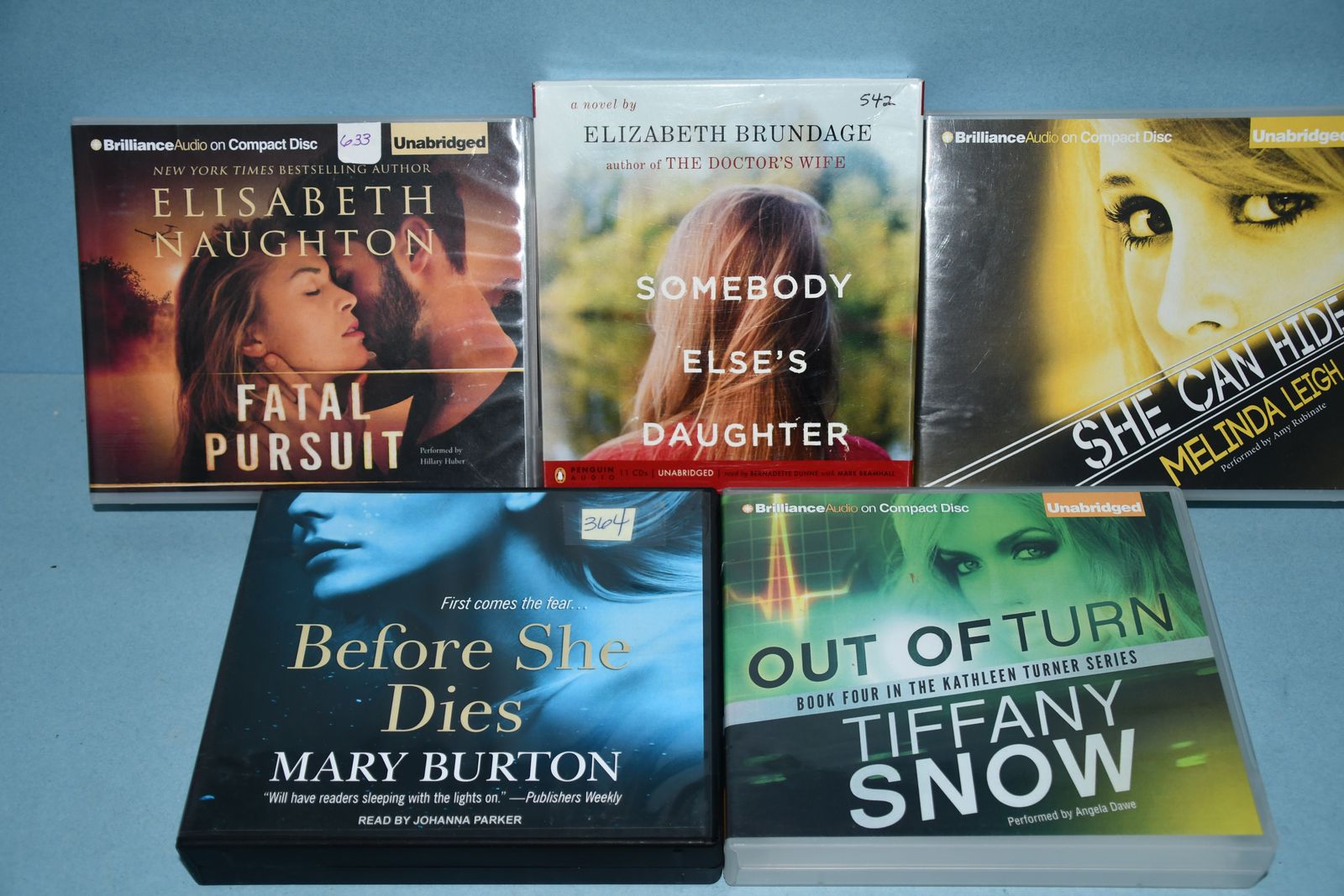 5 AUDIOBOOKS on CD'S ~ MYSTERY, SUSPENSE, THRILLER ~ UNABRIDGED ~ SHE CAN HIDE, OUT OF TURN, BEFORE SHE DIES....