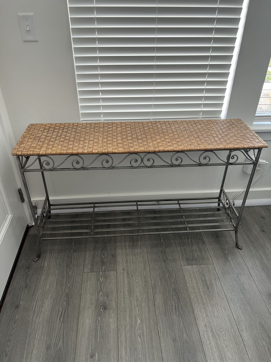 Wrought Iron Console Table with Woven Rattan Top – 48in