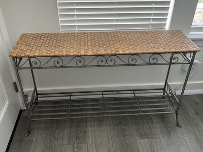 Wrought Iron Console Table with Woven Rattan Top – 48in