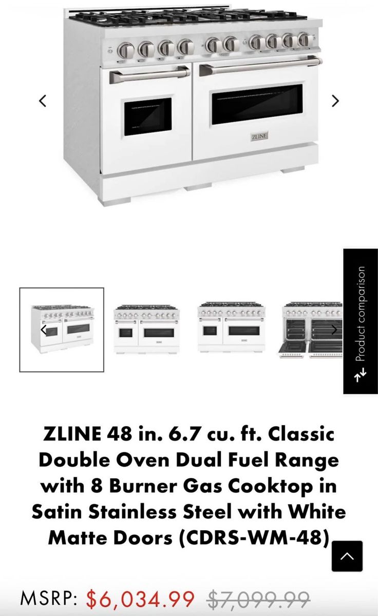 ZLINE 48in. 6.7 cu. ft. Classic Dual Fuel Double Oven Range, 8 Burner Gas Cooktop, White Matte Doors