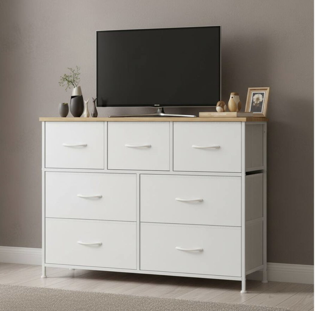 NEW AOITUN - 7 Drawer Dresser for Bedroom Storage with Wood Top, Sturdy Media Console - White