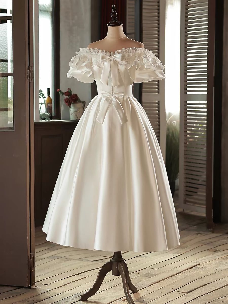 Vintage Style Off-the-Shoulder Satin Tea-Length Wedding Dress with Lace Ruffles and Lace-Up Back