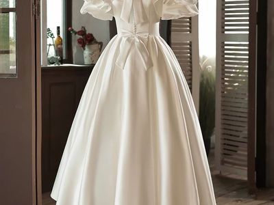 Vintage Style Off-the-Shoulder Satin Tea-Length Wedding Dress with Lace Ruffles and Lace-Up Back