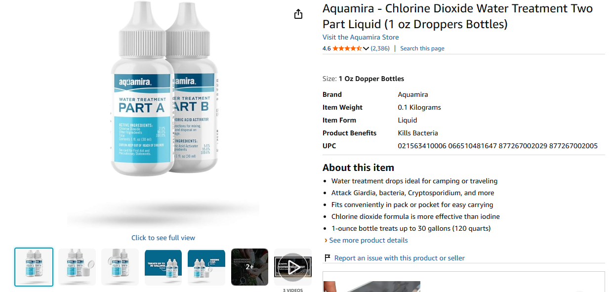 Aquamira - Chlorine Dioxide Water Treatment Two Part Liquid (1 oz Droppers Bottles)