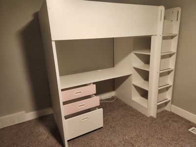 IKEA SMASTAD Twin Loft Bed Frame with Desk, Shelves, Drawers, and Ladder - White/Pink