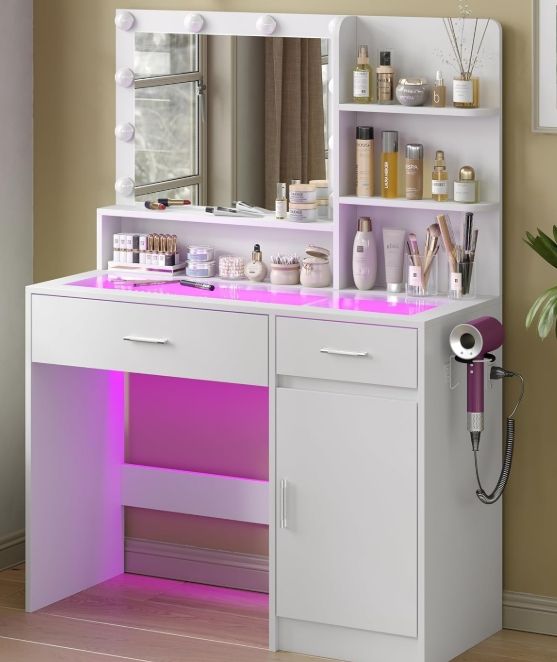 White Vanity Desk with Mirror and Lights