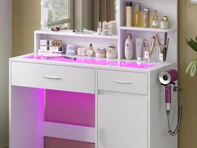 White Vanity Desk with Mirror and Lights
