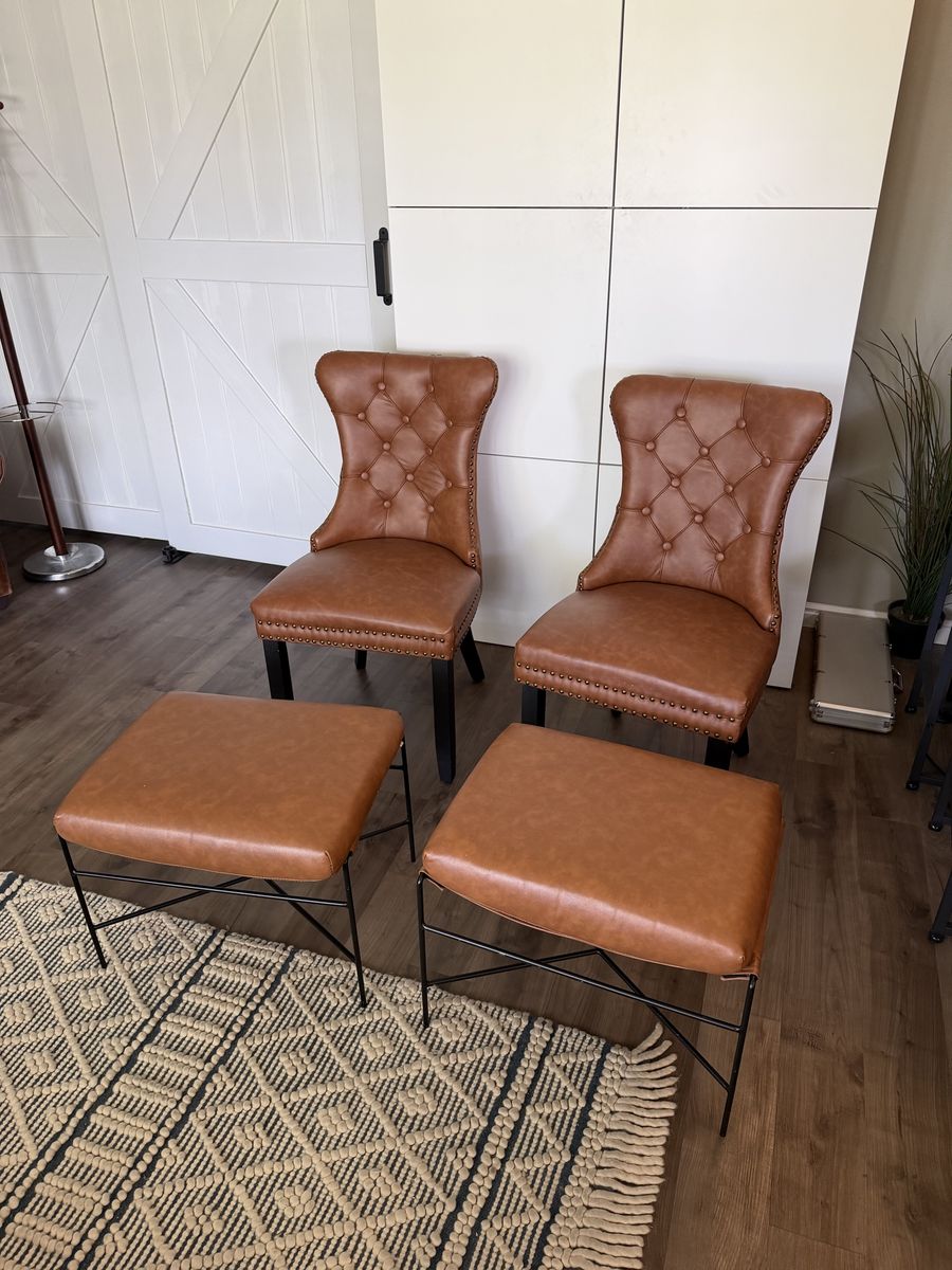 Tufted Dining Chairs & Ottomans Set - Brown, Nailhead Trim, Ring Pulls
