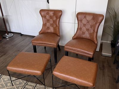 Tufted Dining Chairs & Ottomans Set - Brown, Nailhead Trim, Ring Pulls
