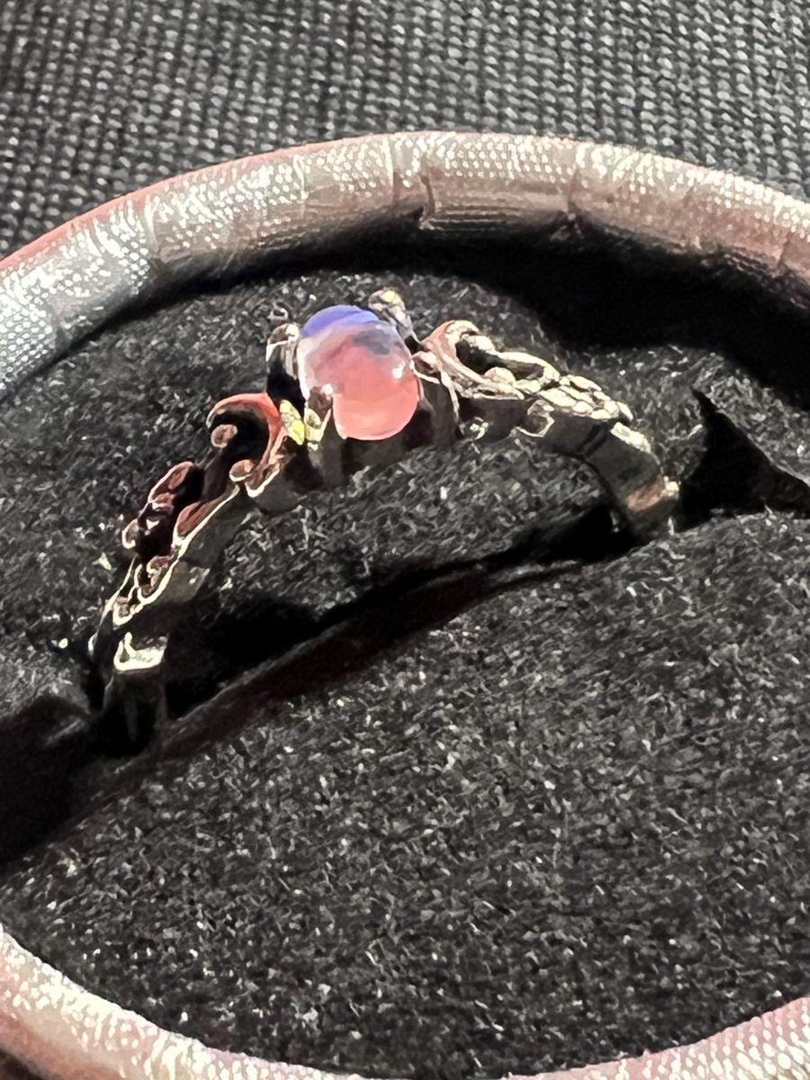 Unique Stainless Steel Ring with Synthetic Oval Opal-like Stone & Crescent Moon Details Size-10